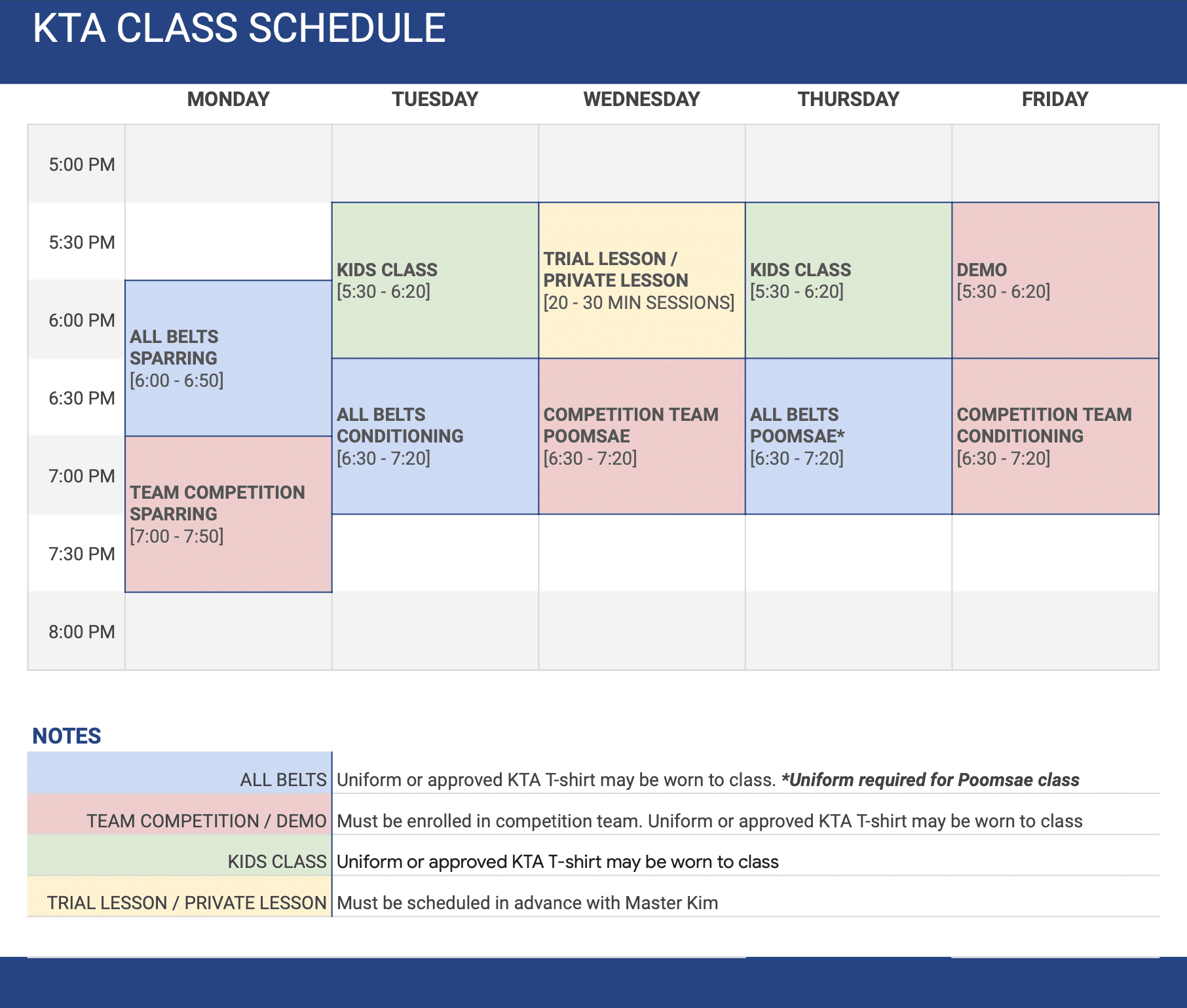 Kukkiwon Taekwondo Class Schedule